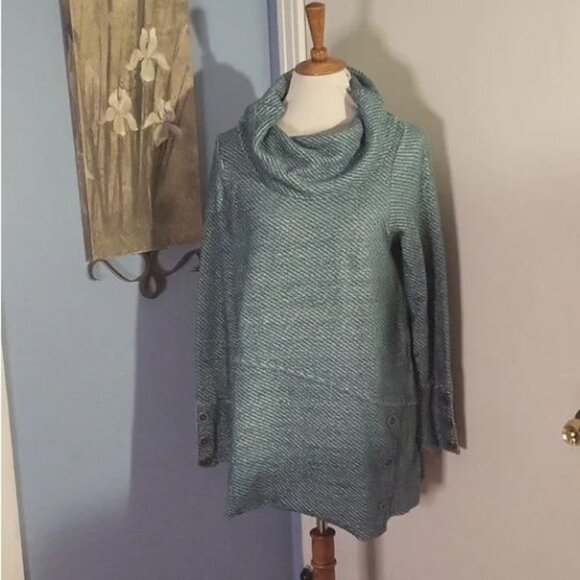 Soft Surroundings Sweater Medium Turquoise Blue Cowl Buttons - Picture 1 of 6